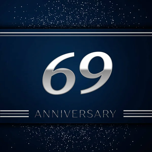 Realistic Sixty nine Years Anniversary Celebration Logotype. Silver numbers and silver confetti on blue background. Colorful Vector template elements for your birthday party