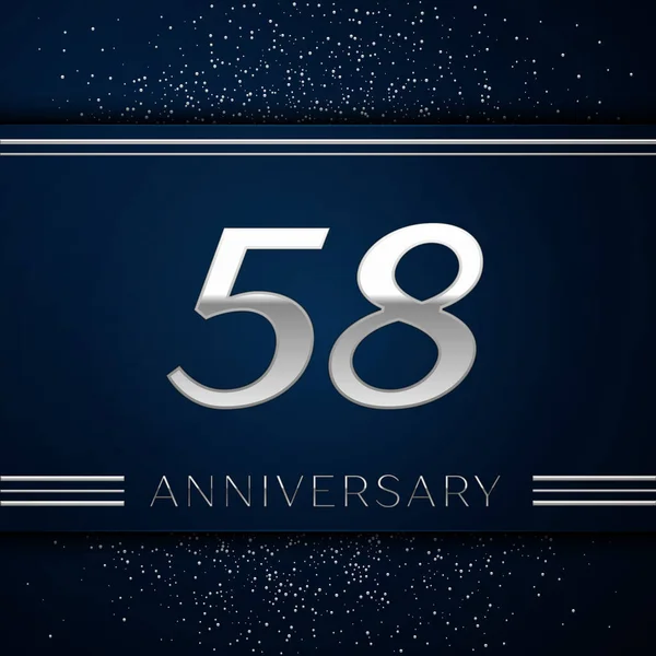 Gerçekçi elli sekiz yıl yıldönümü kutlama logo. Gümüş numaraları ve mavi arka plan üzerinde gümüş konfeti. Doğum günü partin için renkli vektör şablon öğeleri