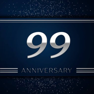 Gerçekçi doksan dokuz yıl yıldönümü kutlama logo. Gümüş numaraları ve mavi arka plan üzerinde gümüş konfeti. Doğum günü partin için renkli vektör şablon öğeleri