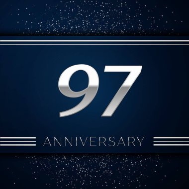 Gerçekçi doksan yedi yıl yıldönümü kutlama logo. Gümüş numaraları ve mavi arka plan üzerinde gümüş konfeti. Doğum günü partin için renkli vektör şablon öğeleri