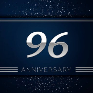 Gerçekçi doksan altı yıl yıldönümü kutlama logo. Gümüş numaraları ve mavi arka plan üzerinde gümüş konfeti. Doğum günü partin için renkli vektör şablon öğeleri