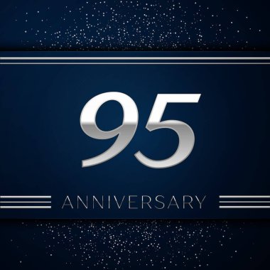 Gerçekçi doksan beş yıl yıldönümü kutlama logo. Gümüş numaraları ve mavi arka plan üzerinde gümüş konfeti. Doğum günü partin için renkli vektör şablon öğeleri