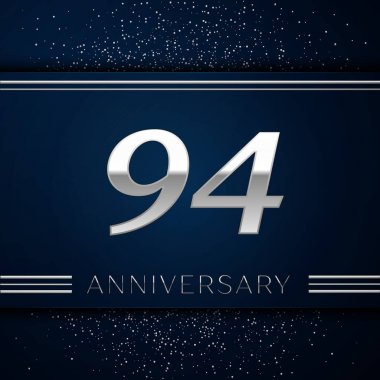 Gerçekçi Doksan dört yıl yıldönümü kutlama logo. Gümüş numaraları ve mavi arka plan üzerinde gümüş konfeti. Doğum günü partin için renkli vektör şablon öğeleri