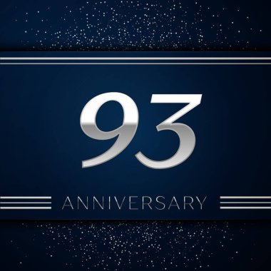 Gerçekçi doksan üç yıl yıldönümü kutlama logo. Gümüş numaraları ve mavi arka plan üzerinde gümüş konfeti. Doğum günü partin için renkli vektör şablon öğeleri
