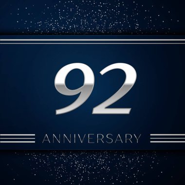 Gerçekçi doksan iki yıl yıldönümü kutlama logo. Gümüş numaraları ve mavi arka plan üzerinde gümüş konfeti. Doğum günü partin için renkli vektör şablon öğeleri