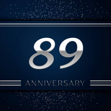 Gerçekçi seksen dokuz yıl yıldönümü kutlama logo. Gümüş numaraları ve mavi arka plan üzerinde gümüş konfeti. Doğum günü partin için renkli vektör şablon öğeleri