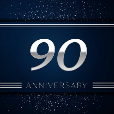 Gerçekçi doksan yıl yıldönümü kutlama logo. Gümüş numaraları ve mavi arka plan üzerinde gümüş konfeti. Doğum günü partin için renkli vektör şablon öğeleri