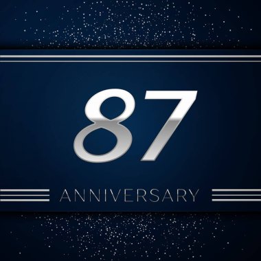 Gerçekçi seksen yedi yıl yıldönümü kutlama logo. Gümüş numaraları ve mavi arka plan üzerinde gümüş konfeti. Doğum günü partin için renkli vektör şablon öğeleri