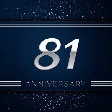 Gerçekçi seksen bir yıl yıldönümü kutlama logo. Gümüş numaraları ve mavi arka plan üzerinde gümüş konfeti. Doğum günü partin için renkli vektör şablon öğeleri