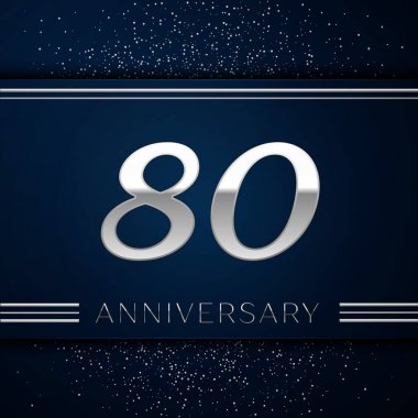 Gerçekçi seksen yıl yıldönümü kutlama logo. Gümüş numaraları ve mavi arka plan üzerinde gümüş konfeti. Doğum günü partin için renkli vektör şablon öğeleri
