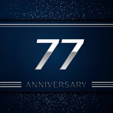 Gerçekçi yetmiş yedi yıl yıldönümü kutlama logo. Gümüş numaraları ve mavi arka plan üzerinde gümüş konfeti. Doğum günü partin için renkli vektör şablon öğeleri