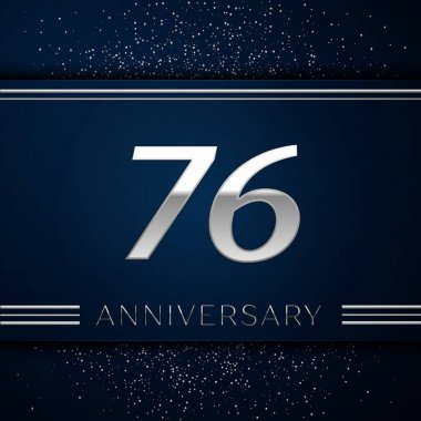 Gerçekçi yetmiş altı yıl yıldönümü kutlama logo. Gümüş numaraları ve mavi arka plan üzerinde gümüş konfeti. Doğum günü partin için renkli vektör şablon öğeleri