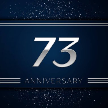 Gerçekçi yetmiş üç yıl yıldönümü kutlama logo. Gümüş numaraları ve mavi arka plan üzerinde gümüş konfeti. Doğum günü partin için renkli vektör şablon öğeleri