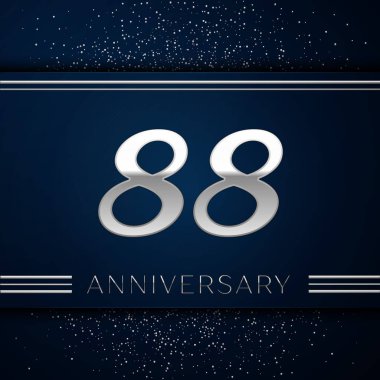 Gerçekçi seksen sekiz yıl yıldönümü kutlama logo. Gümüş numaraları ve mavi arka plan üzerinde gümüş konfeti. Doğum günü partin için renkli vektör şablon öğeleri