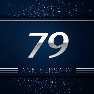 Gerçekçi yetmiş dokuz yıl yıldönümü kutlama logo. Gümüş numaraları ve mavi arka plan üzerinde gümüş konfeti. Doğum günü partin için renkli vektör şablon öğeleri