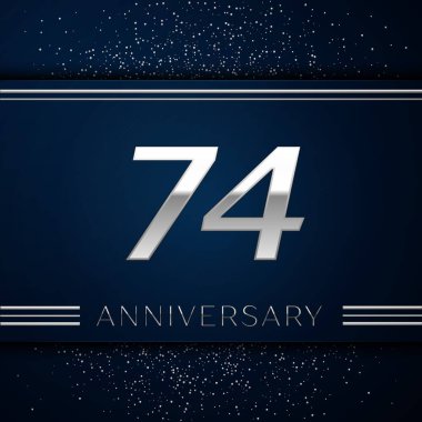 Gerçekçi Yetmiş dört yıl yıldönümü kutlama logo. Gümüş numaraları ve mavi arka plan üzerinde gümüş konfeti. Doğum günü partin için renkli vektör şablon öğeleri