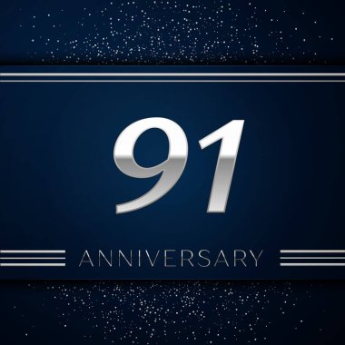 Gerçekçi doksan bir yıl yıldönümü kutlama logo. Gümüş numaraları ve mavi arka plan üzerinde gümüş konfeti. Doğum günü partin için renkli vektör şablon öğeleri