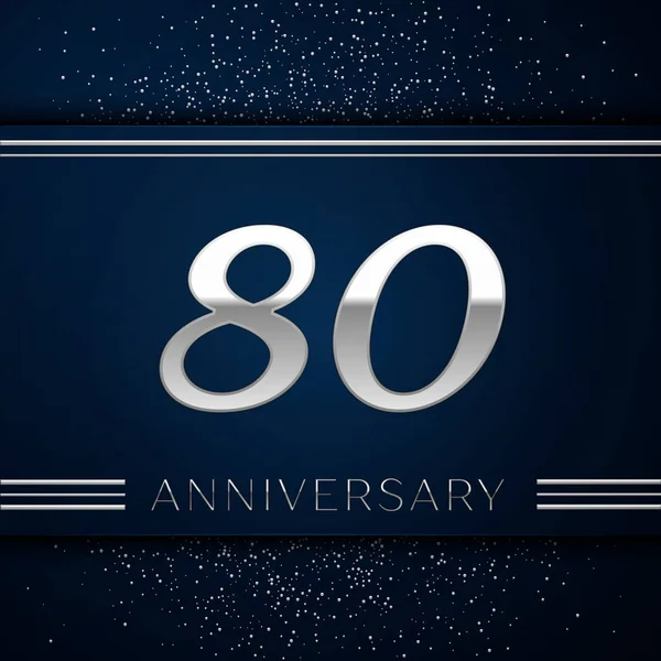 Gerçekçi seksen yıl yıldönümü kutlama logo. Gümüş numaraları ve mavi arka plan üzerinde gümüş konfeti. Doğum günü partin için renkli vektör şablon öğeleri