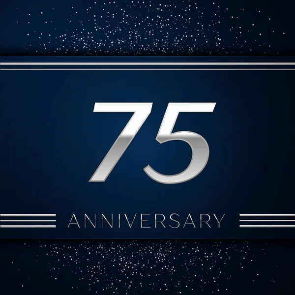Realistic Seventy five Years Anniversary Celebration Logotype. Silver numbers and silver confetti on blue background. Colorful Vector template elements for your birthday party — Stock Vector