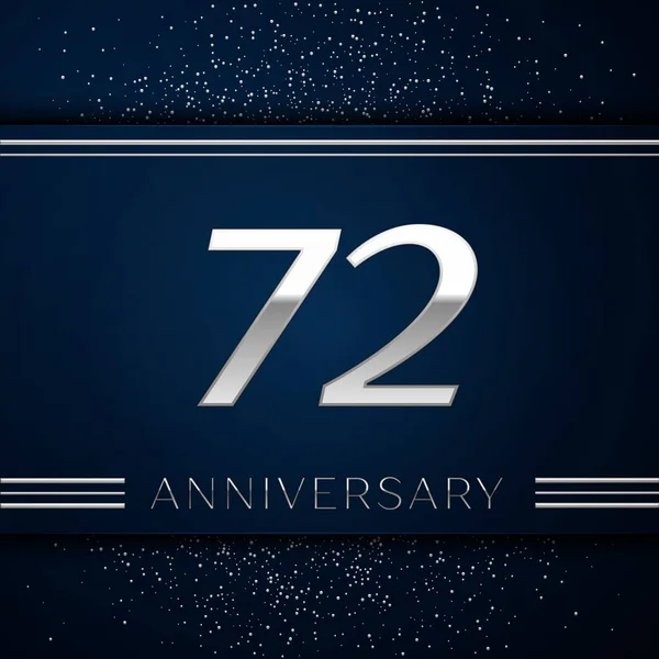 Realistic Seventy two Years Anniversary Celebration Logotype. Silver numbers and silver confetti on blue background. Colorful Vector template elements for your birthday party — Stock Vector