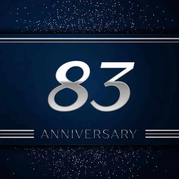 Gerçekçi seksen üç yıl yıldönümü kutlama logo. Gümüş numaraları ve mavi arka plan üzerinde gümüş konfeti. Doğum günü partin için renkli vektör şablon öğeleri