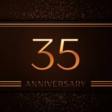 Gerçekçi otuz beş yıl yıldönümü kutlama logo. Golden numaraları ve kahverengi zemin üzerine altın konfeti. Doğum günü partin için renkli vektör şablon öğeleri