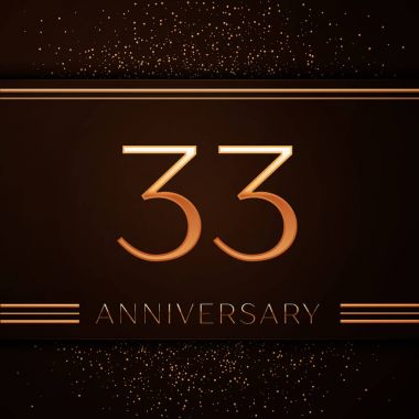 Gerçekçi otuz üç yıl yıldönümü kutlama logo. Golden numaraları ve kahverengi zemin üzerine altın konfeti. Doğum günü partin için renkli vektör şablon öğeleri