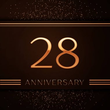 Gerçekçi yirmi sekiz yıl yıldönümü kutlama logo. Golden numaraları ve kahverengi zemin üzerine altın konfeti. Doğum günü partin için renkli vektör şablon öğeleri