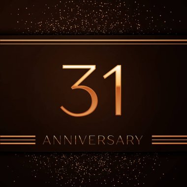 Gerçekçi otuz bir yıl yıldönümü kutlama logo. Golden numaraları ve kahverengi zemin üzerine altın konfeti. Doğum günü partin için renkli vektör şablon öğeleri