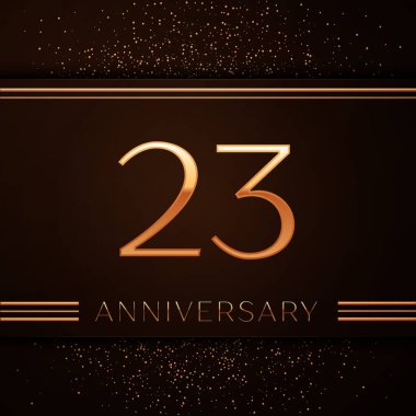 Gerçekçi yirmi üç yıl yıldönümü kutlama logo. Golden numaraları ve kahverengi zemin üzerine altın konfeti. Doğum günü partin için renkli vektör şablon öğeleri