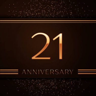 Gerçekçi yirmi bir yıl yıldönümü kutlama logo. Golden numaraları ve kahverengi zemin üzerine altın konfeti. Doğum günü partin için renkli vektör şablon öğeleri