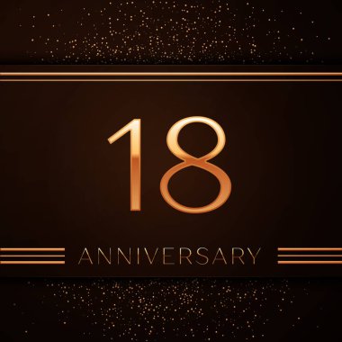 Gerçekçi on sekiz yıl yıldönümü kutlama logo. Golden numaraları ve kahverengi zemin üzerine altın konfeti. Doğum günü partin için renkli vektör şablon öğeleri