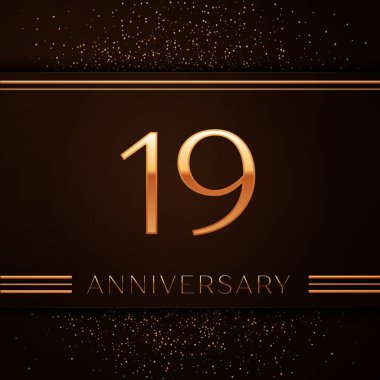 Gerçekçi on dokuz yıl yıldönümü kutlama logo. Golden numaraları ve kahverengi zemin üzerine altın konfeti. Doğum günü partin için renkli vektör şablon öğeleri