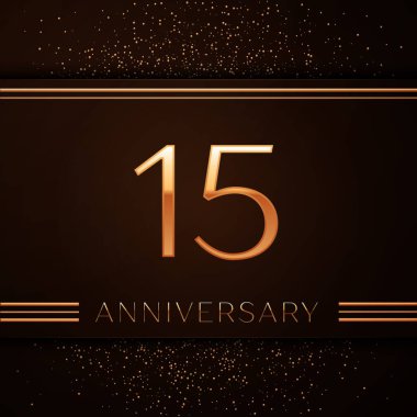 Gerçekçi on beş yıl yıldönümü kutlama logo. Golden numaraları ve kahverengi zemin üzerine altın konfeti. Doğum günü partin için renkli vektör şablon öğeleri