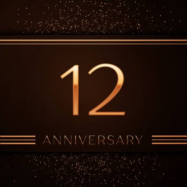 Gerçekçi on iki yıl yıldönümü kutlama logo. Golden numaraları ve kahverengi zemin üzerine altın konfeti. Doğum günü partin için renkli vektör şablon öğeleri