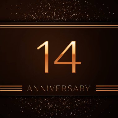 Gerçekçi on dört yıl yıldönümü kutlama logo. Golden numaraları ve kahverengi zemin üzerine altın konfeti. Doğum günü partin için renkli vektör şablon öğeleri