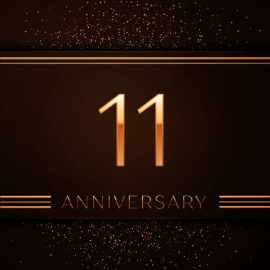 Gerçekçi on bir yıl yıldönümü kutlama logo. Golden numaraları ve kahverengi zemin üzerine altın konfeti. Doğum günü partin için renkli vektör şablon öğeleri