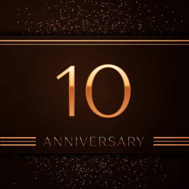 Gerçekçi on yıl yıldönümü kutlama logo. Golden numaraları ve kahverengi zemin üzerine altın konfeti. Doğum günü partin için renkli vektör şablon öğeleri