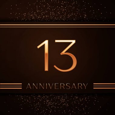 Gerçekçi on üç yıl yıldönümü kutlama logo. Golden numaraları ve kahverengi zemin üzerine altın konfeti. Doğum günü partin için renkli vektör şablon öğeleri