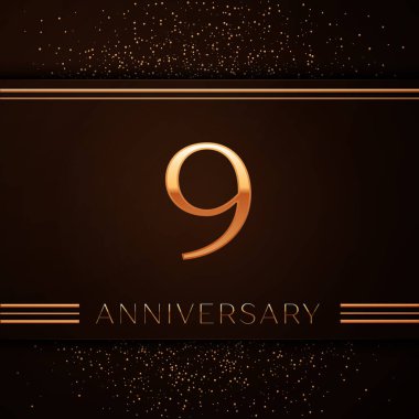 Gerçekçi dokuz yıl yıldönümü kutlama logo. Golden numaraları ve kahverengi zemin üzerine altın konfeti. Doğum günü partin için renkli vektör şablon öğeleri