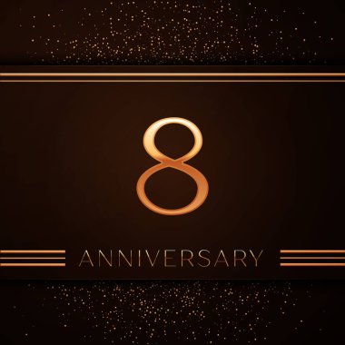 Gerçekçi sekiz yıl yıldönümü kutlama logo. Golden numaraları ve kahverengi zemin üzerine altın konfeti. Doğum günü partin için renkli vektör şablon öğeleri