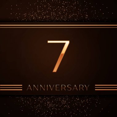 Gerçekçi yedi yıl yıldönümü kutlama logo. Golden numaraları ve kahverengi zemin üzerine altın konfeti. Doğum günü partin için renkli vektör şablon öğeleri