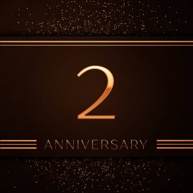 Gerçekçi iki yıl yıldönümü kutlama logo. Golden numaraları ve kahverengi zemin üzerine altın konfeti. Doğum günü partin için renkli vektör şablon öğeleri