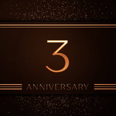 Gerçekçi üç yıl yıldönümü kutlama logo. Golden numaraları ve kahverengi zemin üzerine altın konfeti. Doğum günü partin için renkli vektör şablon öğeleri