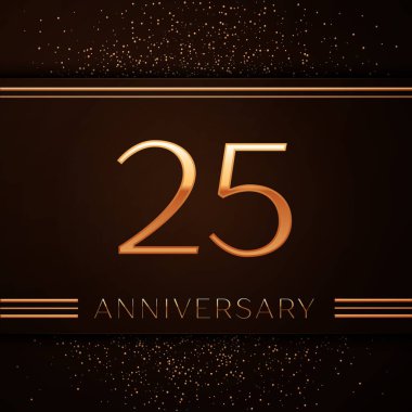 Gerçekçi yirmi beş yıl yıldönümü kutlama logo. Golden numaraları ve kahverengi zemin üzerine altın konfeti. Doğum günü partin için renkli vektör şablon öğeleri