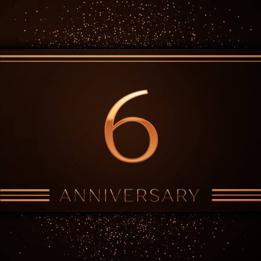 Gerçekçi altı yıl yıldönümü kutlama logo. Golden numaraları ve kahverengi zemin üzerine altın konfeti. Doğum günü partin için renkli vektör şablon öğeleri