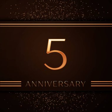 Gerçekçi beş yıl yıldönümü kutlama logo. Golden numaraları ve kahverengi zemin üzerine altın konfeti. Doğum günü partin için renkli vektör şablon öğeleri