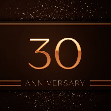 Gerçekçi otuz yıl yıldönümü kutlama logo. Golden numaraları ve kahverengi zemin üzerine altın konfeti. Doğum günü partin için renkli vektör şablon öğeleri