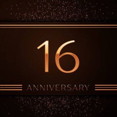 Gerçekçi on altı yıl yıldönümü kutlama logo. Golden numaraları ve kahverengi zemin üzerine altın konfeti. Doğum günü partin için renkli vektör şablon öğeleri