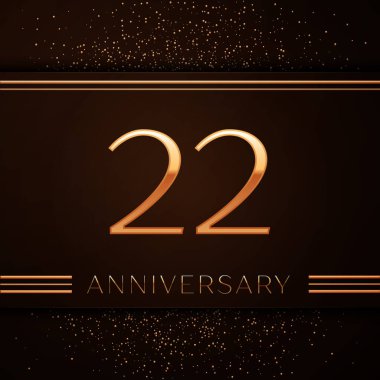 Gerçekçi yirmi iki yıl yıldönümü kutlama logo. Golden numaraları ve kahverengi zemin üzerine altın konfeti. Doğum günü partin için renkli vektör şablon öğeleri